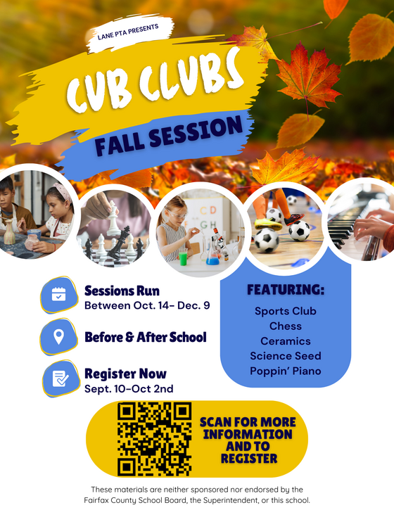 Lane PTA Cub Clubs afterschool enrichment flyer, registration now open