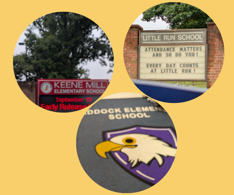 Little Run Elementary School, Braddock Elementary School and Keene Mill Elementary School signs