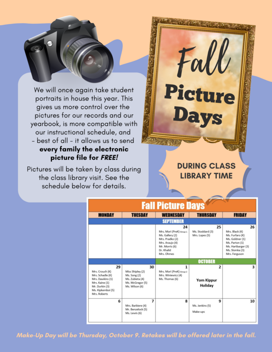 Fall Picture Days flyer with schedule