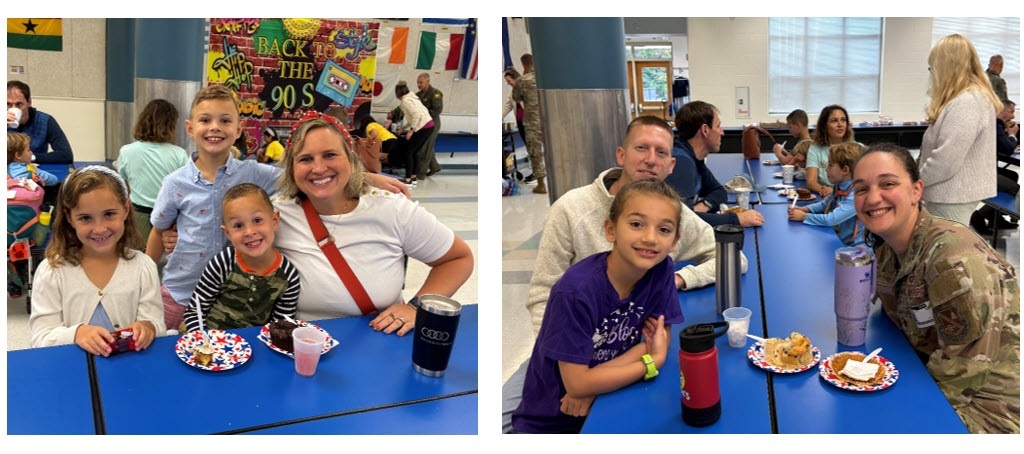 Military parents and students enjoying breakfast in the cafeteria