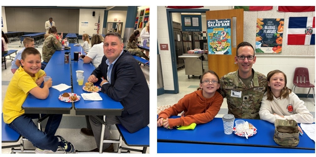 Military parents and students enjoying breakfast in the cafeteria