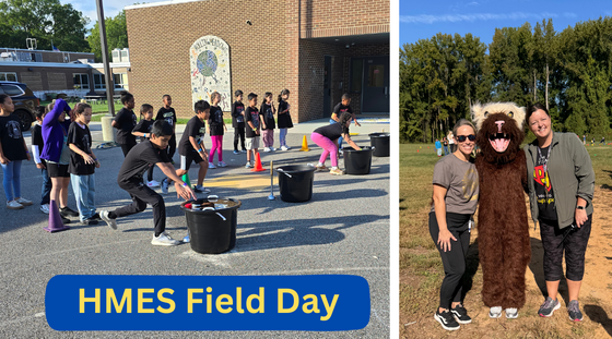 HMES Field Day 2025 - students playing a game and our PE teachers with the West Potomac Mascot