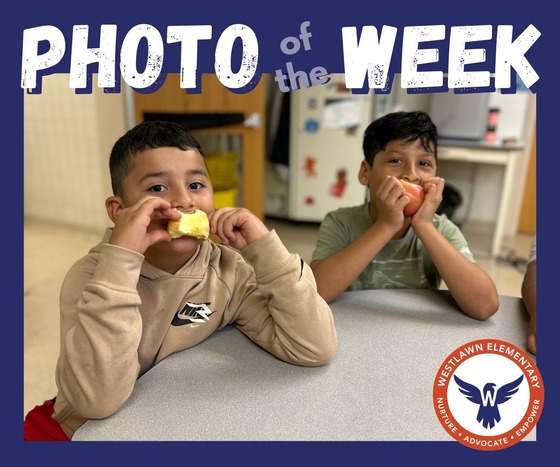 Two students crunching apples