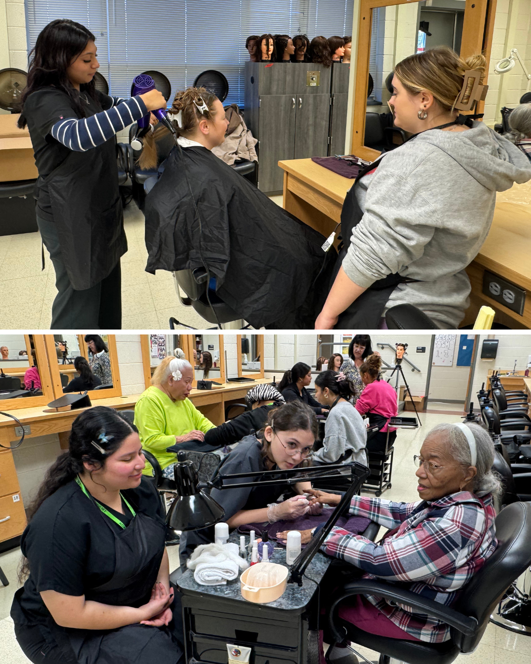 students practicing cosmetology skills