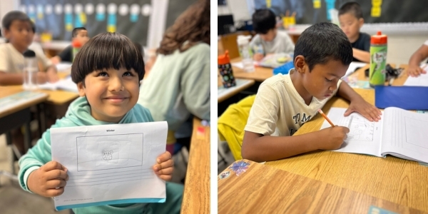 Two students working on drawing animal adaptations and writing about them.