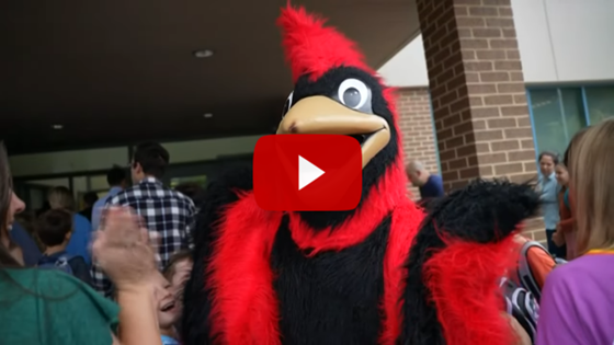 Cardinal mascot surrounded by families