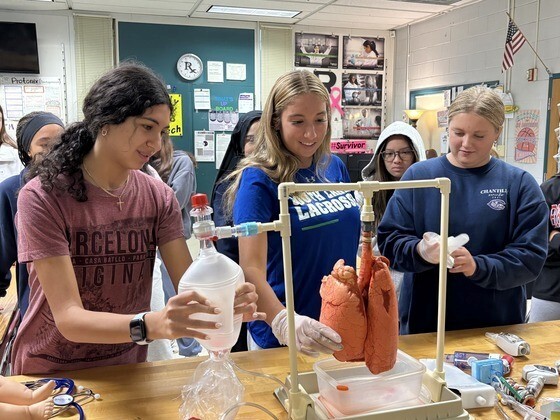 students pumping air into artificial lungs