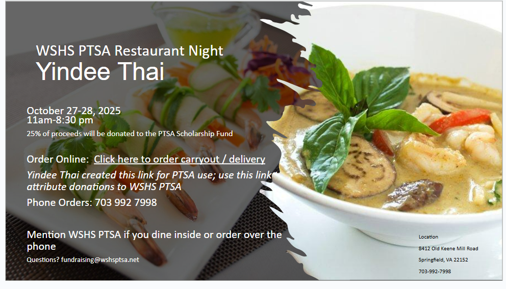 Yindee Thai WSHS PTSA Fundraiser Yindee Thai WSHS PTSA Fundraiser