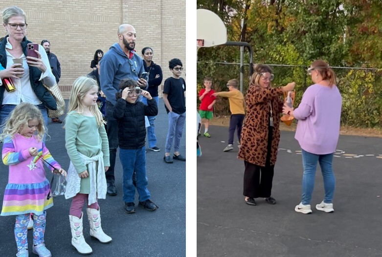 Families and teachers prepare for the rocket launch on the blacktop