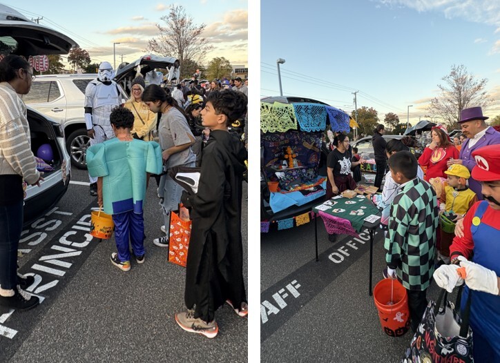 Families hosting decorated cars handing out candy to costumed students