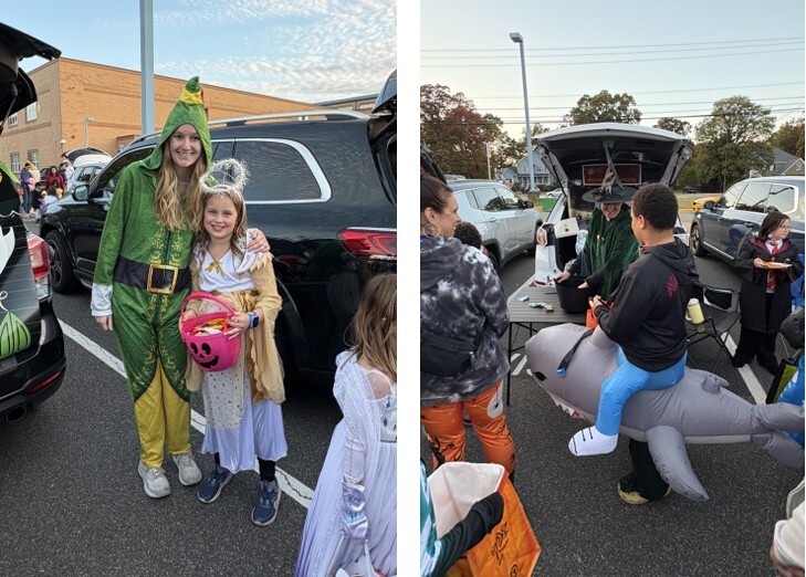 Families hosting decorated cars handing out candy to costumed students