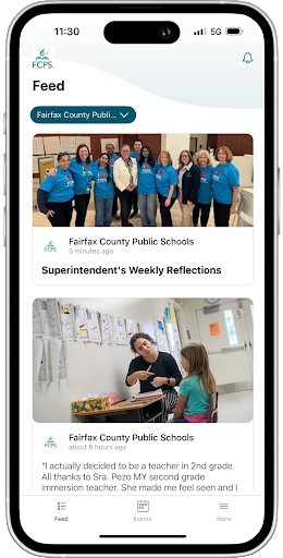 Screenshot of the FCPS app reaguring weekly reflections and two photos of educators