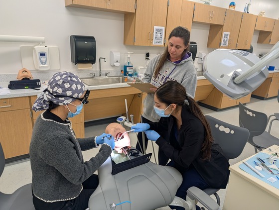 Dental student getting checked on on patient simulation skills