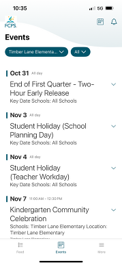 screen shot of fcps app calendar
