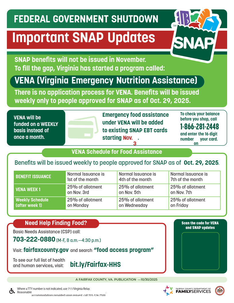 SNAP not issued in Nov.  VA is providing VENA (weekly state food assistance) starting Nov. 3 on your EBT card. Call 703-222-0880 for food help