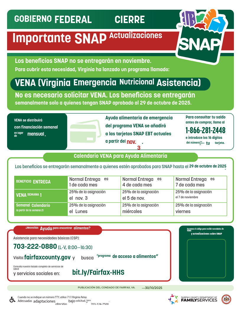 SNAP no se emitirá en nov. Virginia dará VENA (asistencia alimentaria estatal semanal) desde el 3 de nov. 