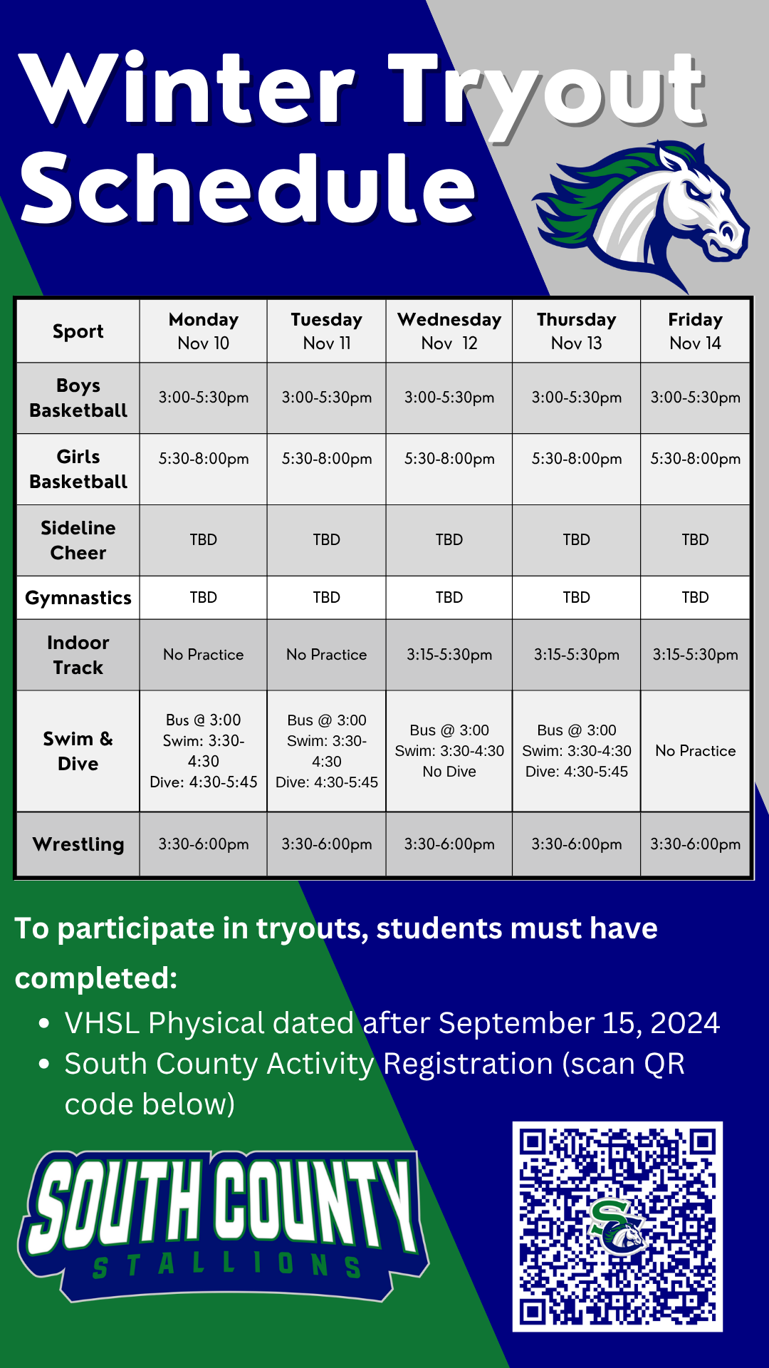 Winter Tryout Schedule