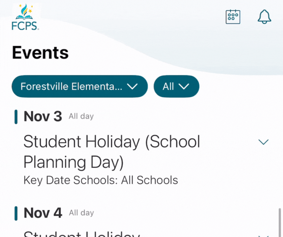 Scrolling calendar of events from FCPS app