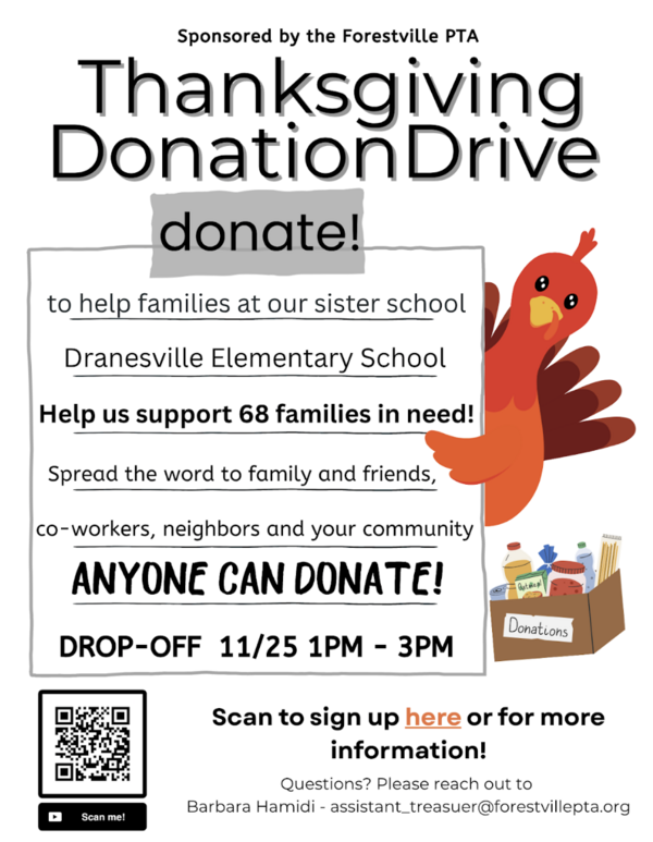 Poster: FES PTA Thanksgiving Donation Drive. Benefits 68 families at Dranesville ES. Drop-off 11/25, 1 PM–3 PM. Includes QR code for sign-up.