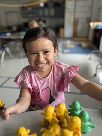 A girl smiles with her sorted green and yellow objects 