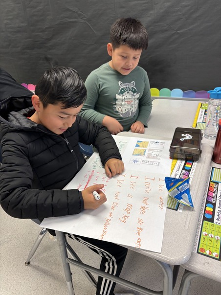 Two students work on a science project