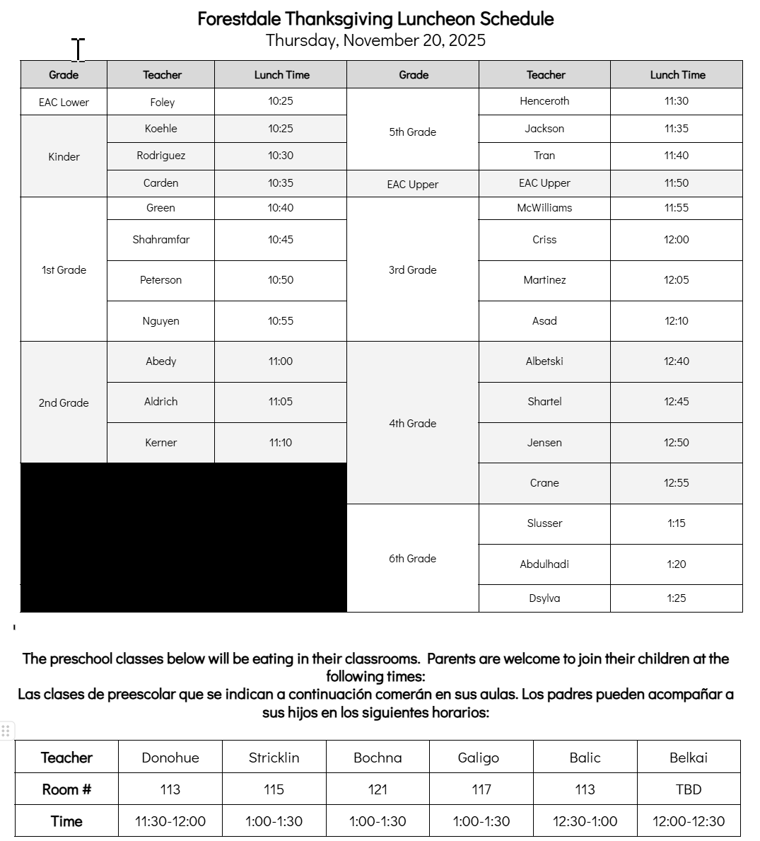 thanksgiving schedule