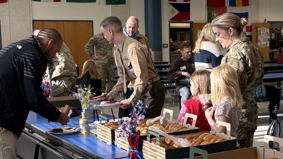 Military families at the breakfast buffet