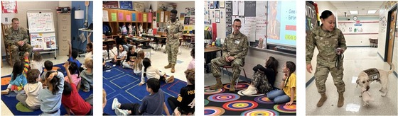Military family members visiting classrooms, including Charlie the service dog!