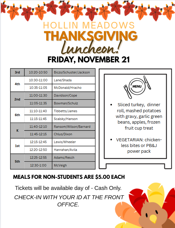 HMES Thanksgiving Luncheon Schedue