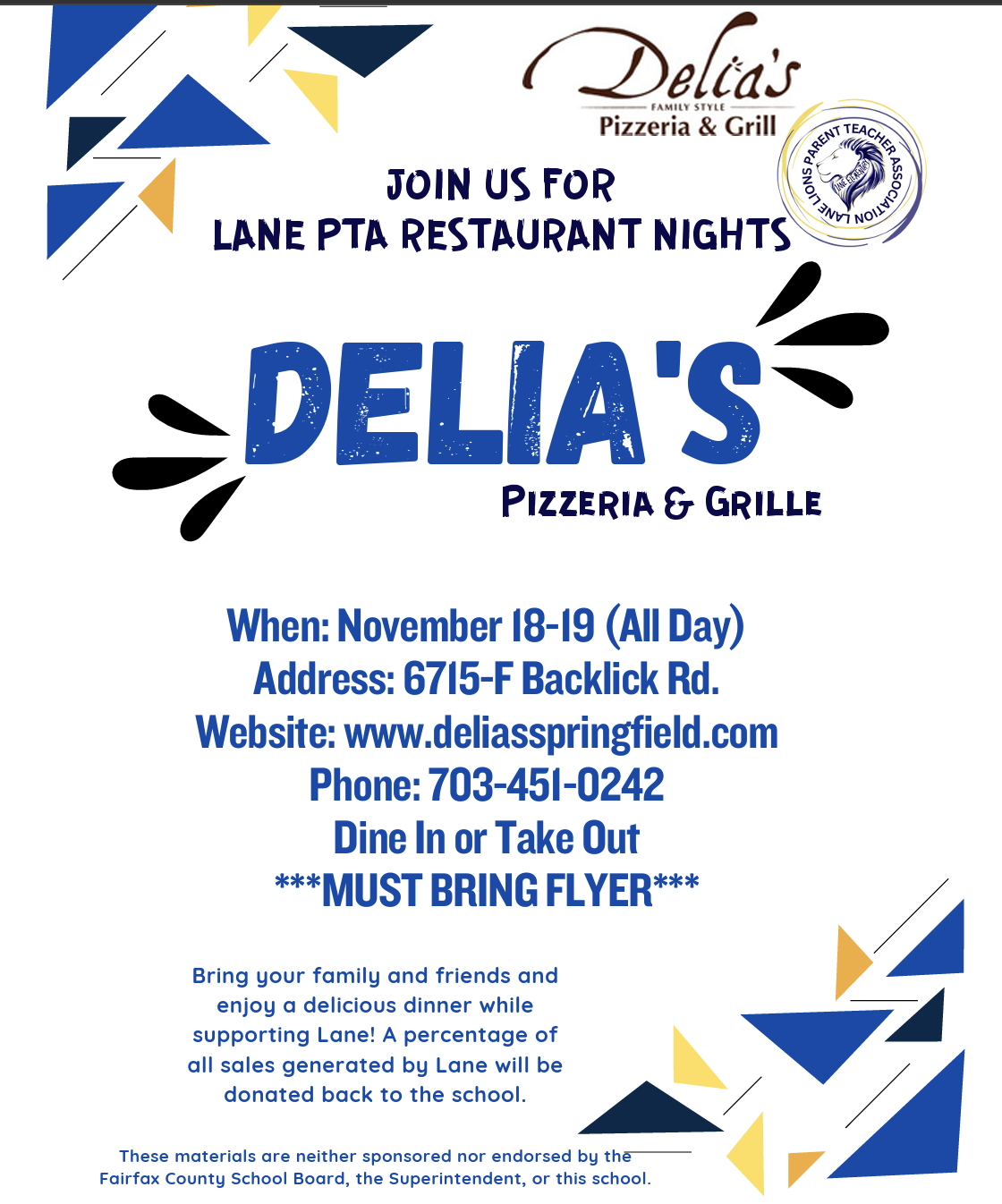 PTA Restaurant Days at Delia's in Springfield - Tuesday 11/18 and Wednesday 11/19