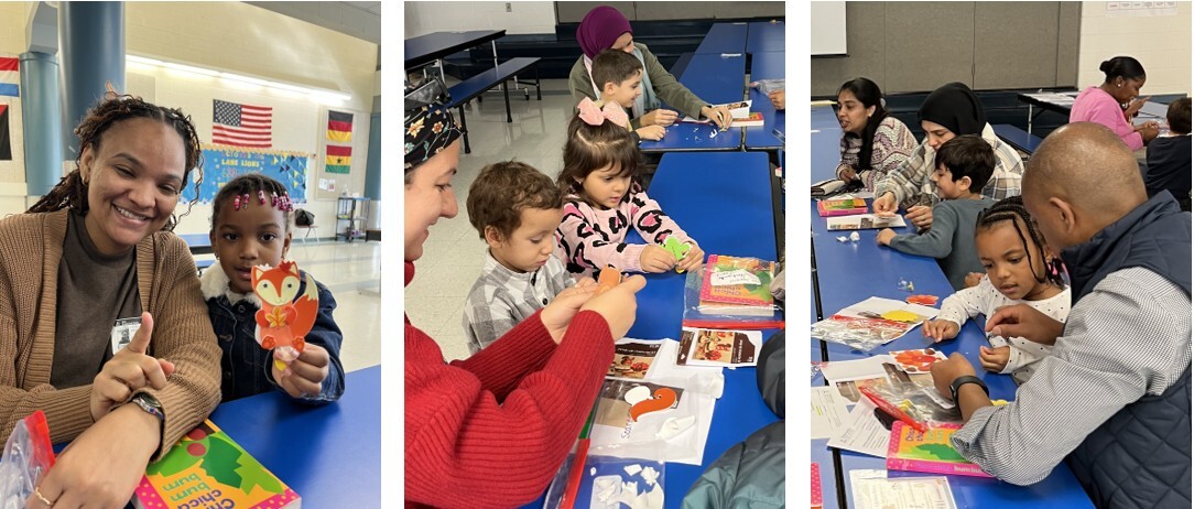 PreK students working on a craft project with their parents