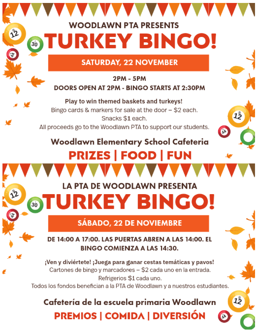 Woodlawn PTA Presents Turkey Bingo Saturday Nov 22 2pm-5pm
