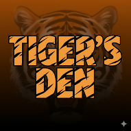 The words tigers den with tiger stripes 