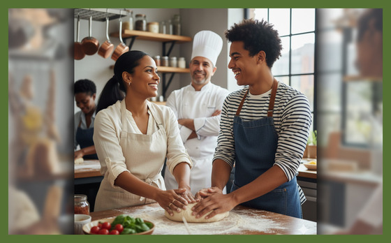 Mother and son baking together with chef standing behind them