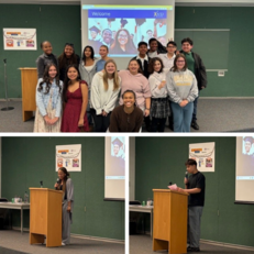 Students standing together in group and behind a podium
