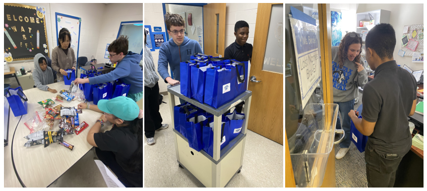 Students preparing and delivering gift bags