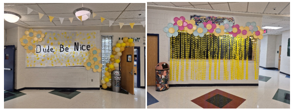Hallway decorated with balloons, paper flowers, and streamers