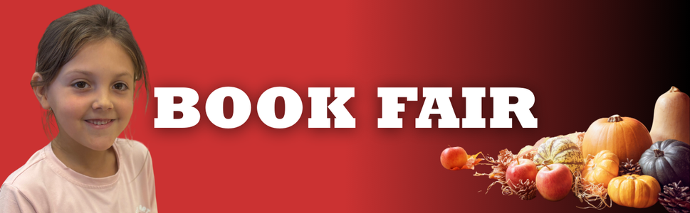 girl smiling on red to black gradient backgorund with white letters "BOOK FAIR"