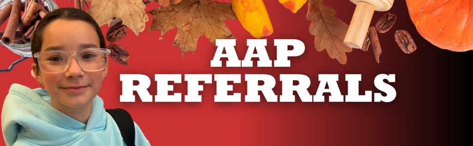girl smiling on red to black gradient background with white letters "AAP REFERRALS"