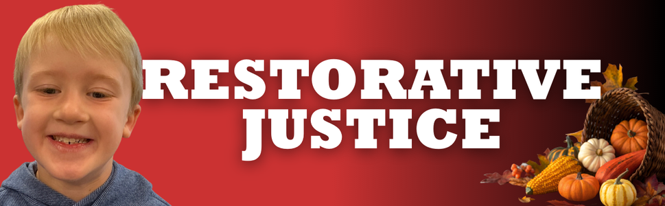 boy smiling on red to black gradient background with white letters "RESTORATIVE JUSTICE"
