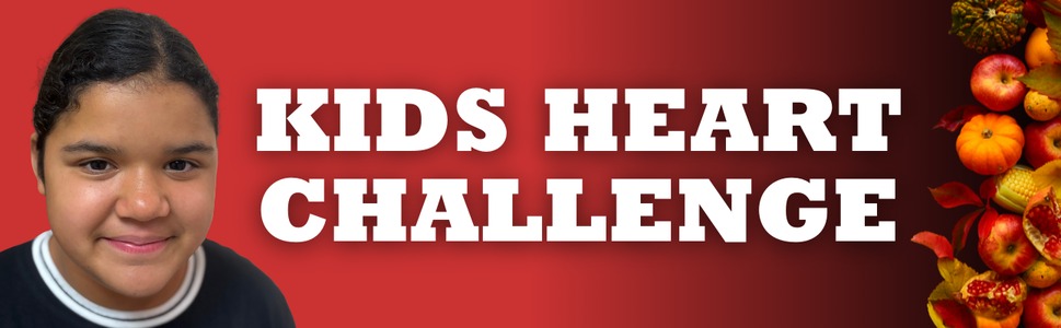 girl smiling on red to black gradient background with white letters "KIDS HEART CHALLENGE"