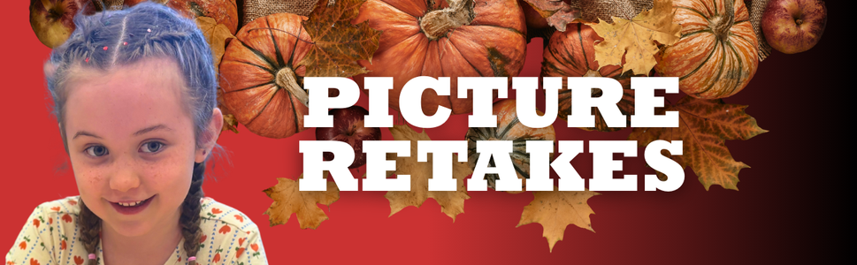 girl smiling on red to black gradient background with white letters "PICTURE RETAKES"