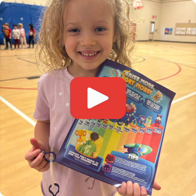 girl smiling with red and white play button on top