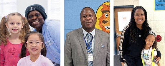 Ms. Rose, one of our custodians, with students; Mr. Dickens, assistant principal, and Principal Opie with a student