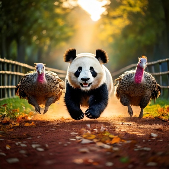 image of panda running with turkeys