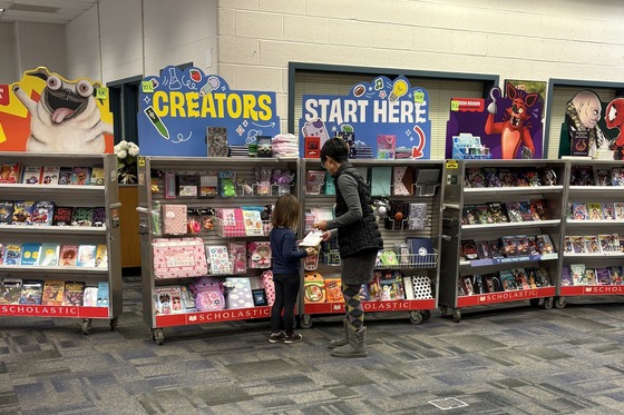 Child and adult looking at books