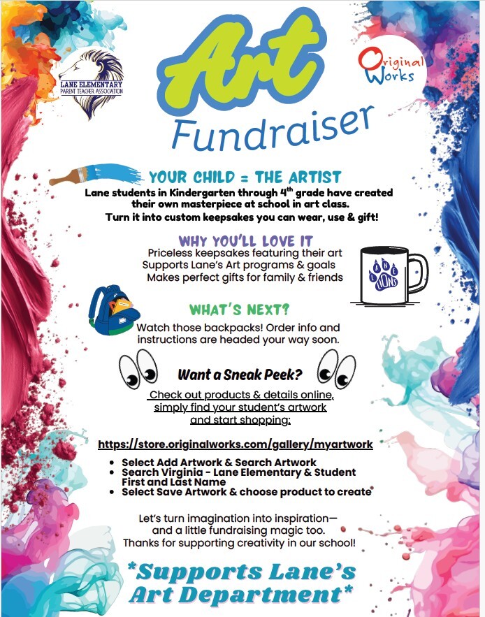 Flyer for Original Art Works fundraiser for kindergarten through 4th grade families