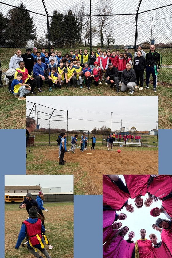 Students and Staff playing kickball and football