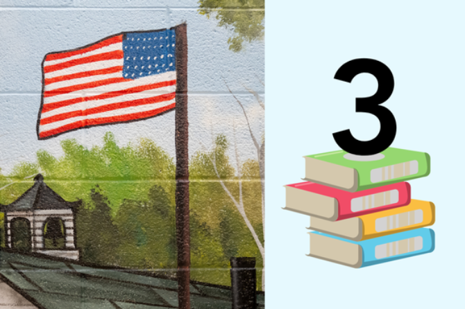 A painting of an American flag next to a stack of books with the number 3 above it