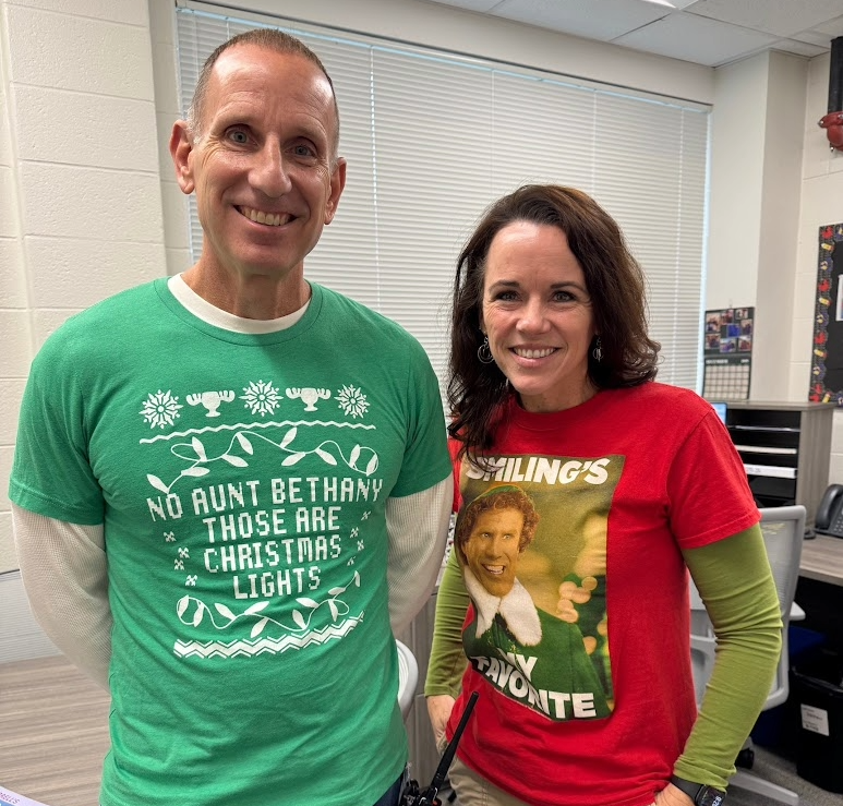 Mr. Birge and Mrs. Vershaw in holiday attire